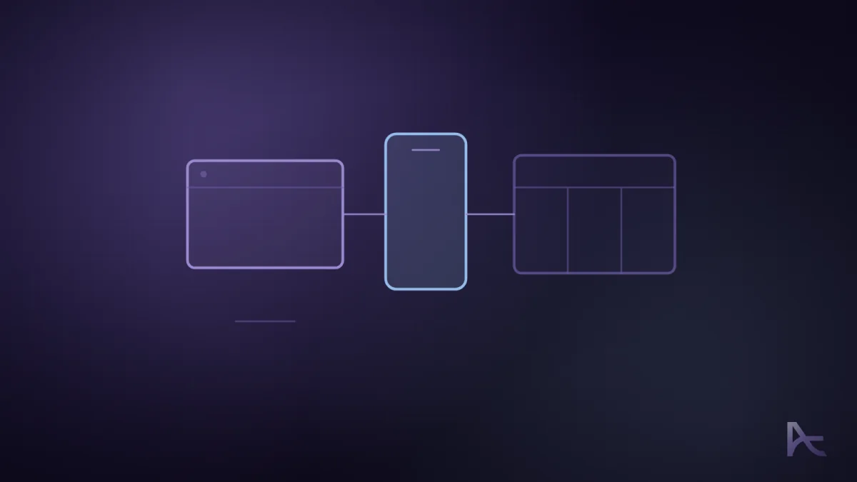 A browser window, a phone and a data table linked side by side.