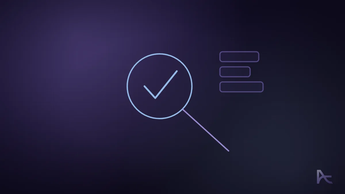 A magnifying glass over a check mark, beside three short bars.